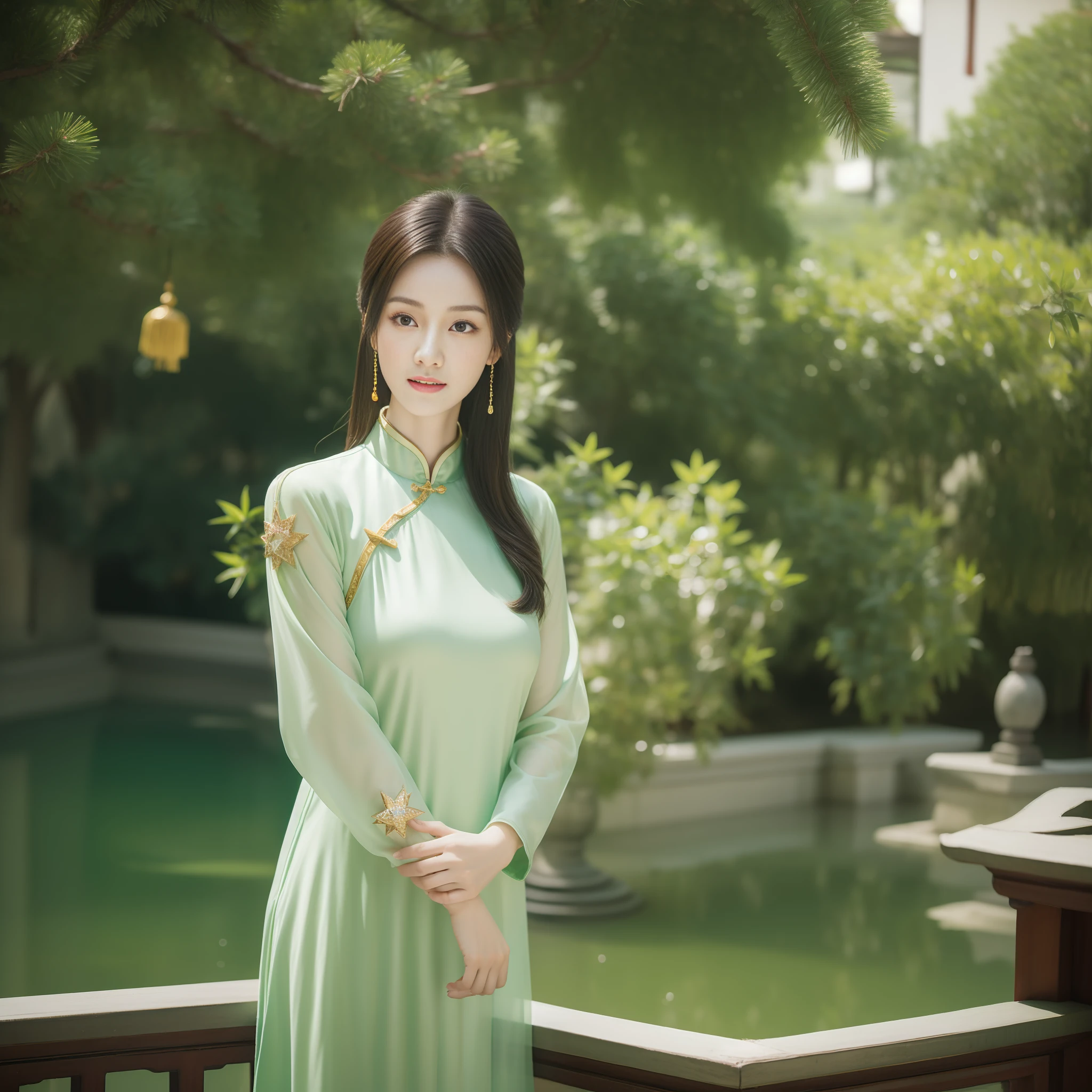 (1 cute Chinese star) realistic photo, shoulder-length hair, light makeup, medium breast size, green antique long dress, clear facial features in Chinese architectural garden, 8K high resolution, clear and realistic details.