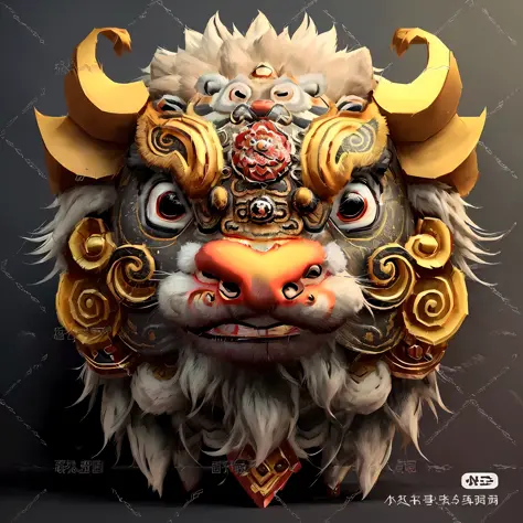 Awakening lion style, close-up of mask with bull big head, detailed digital 3D art, Asura in Chinese mythology, bison god, animal style head, ancient Chinese art style, Chinese style, Chinese ghost festival, complex gorgeous anime CGI style, highly detaile...
