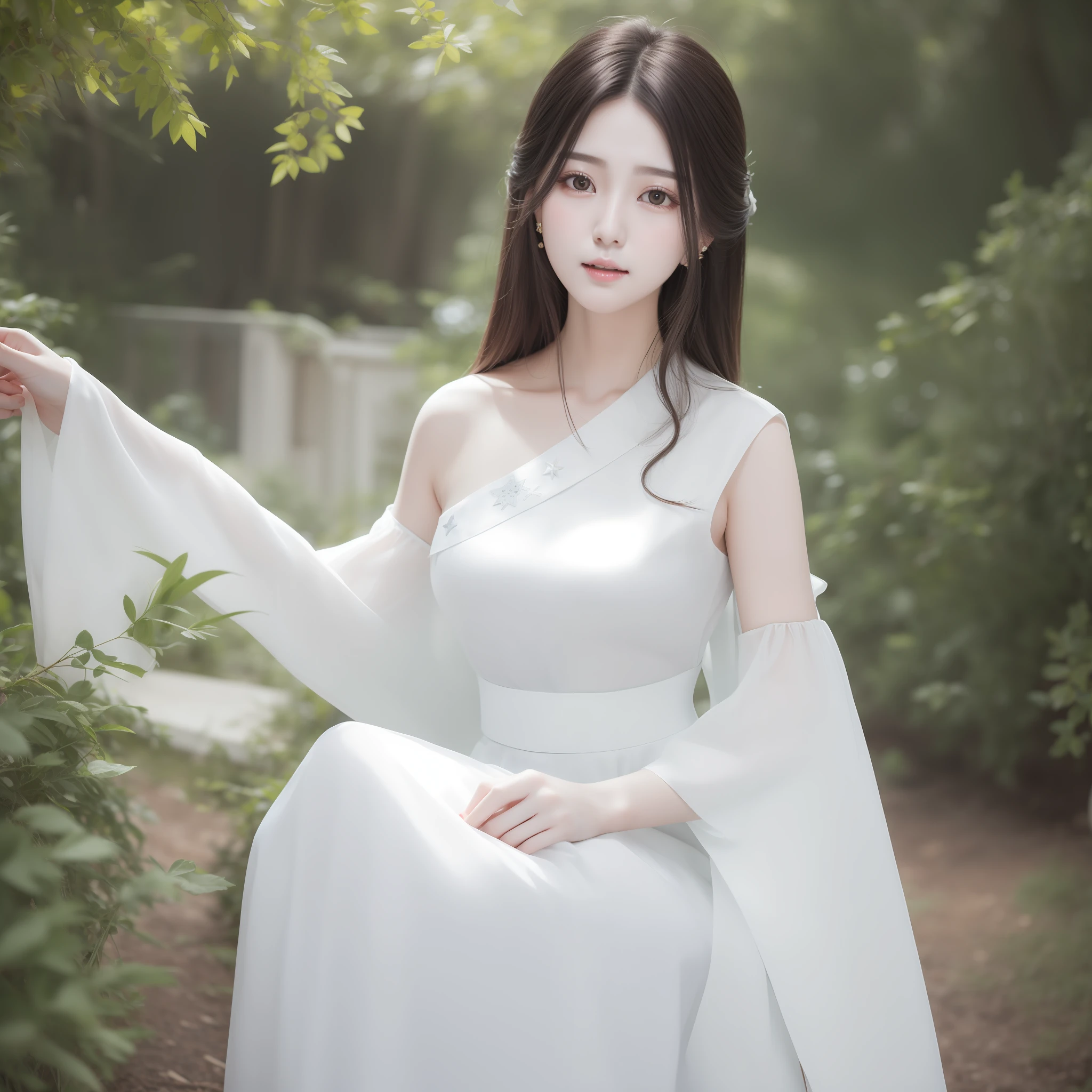 (1 cute Korean star) realistic photo, shoulder-length hair, light makeup, medium breast size, white antique long dress, in school, clear facial features, 8K high resolution, clear and realistic details.