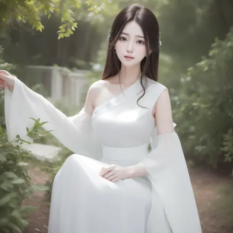 (1 cute korean star) realistic photo, shoulder-length hair, light makeup, medium breast size, white antique long dress, in schoo...