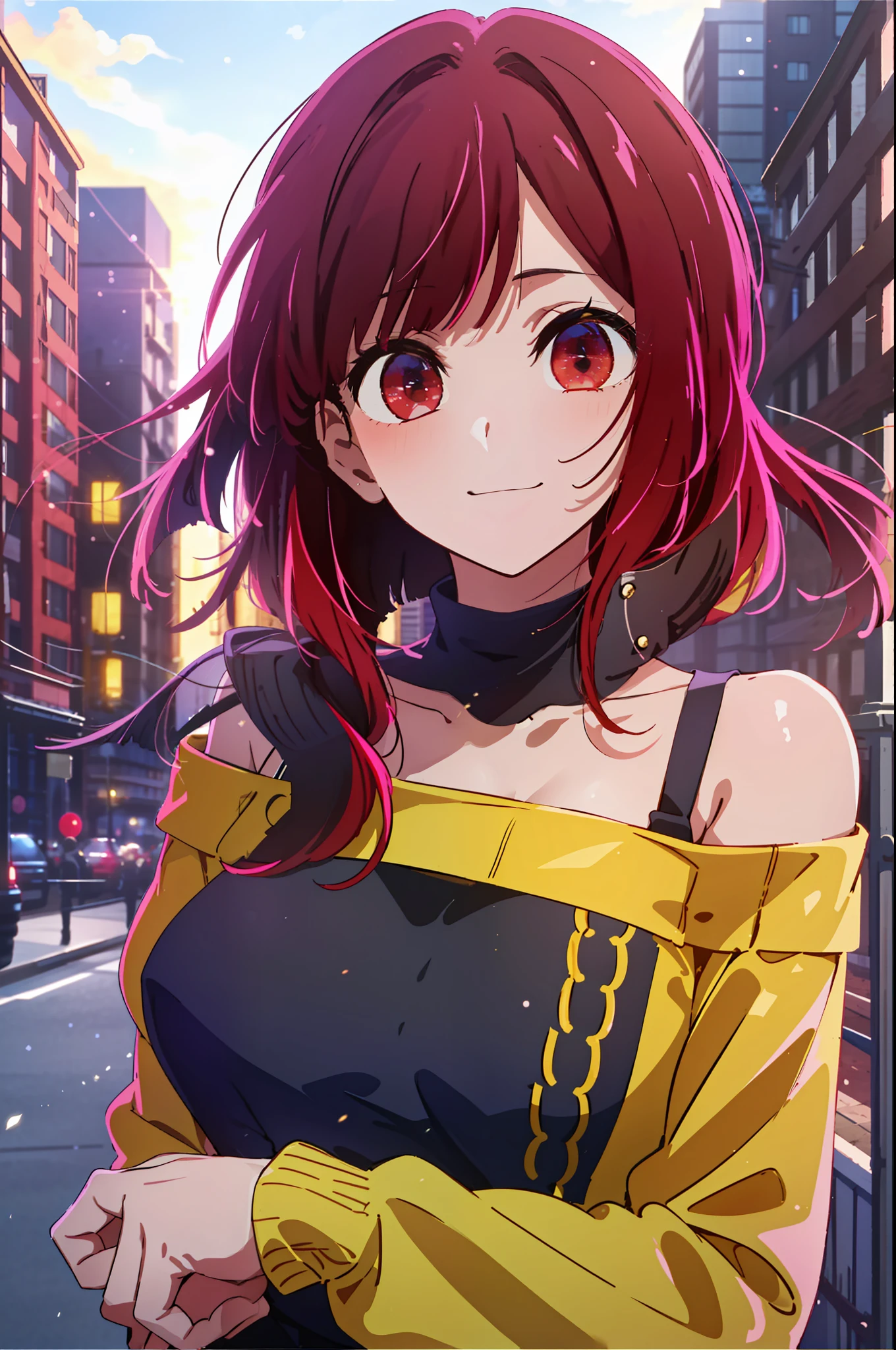 2d, masterpiece, best quality, anime, highly detailed, 1girl, solo, cowboy shot, red hair, yellow sweater, off-shoulder sweater, collarbone, long sleeves, (black bra), medium breasts, smile, outdoors, city,red eyes, close up