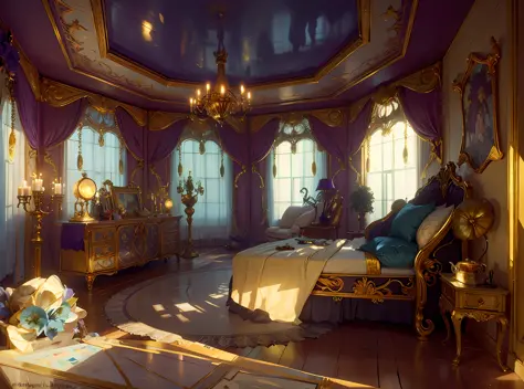 Sunlight coming in from outside, off-white bed, blue curtains, gold hemming material, shaded floor in blue-purple tones, dresser and chandelier, Gothic mansion room, Line work concept art, Interior background art, Stylized, Film art Behance HD, Art Nouveau...