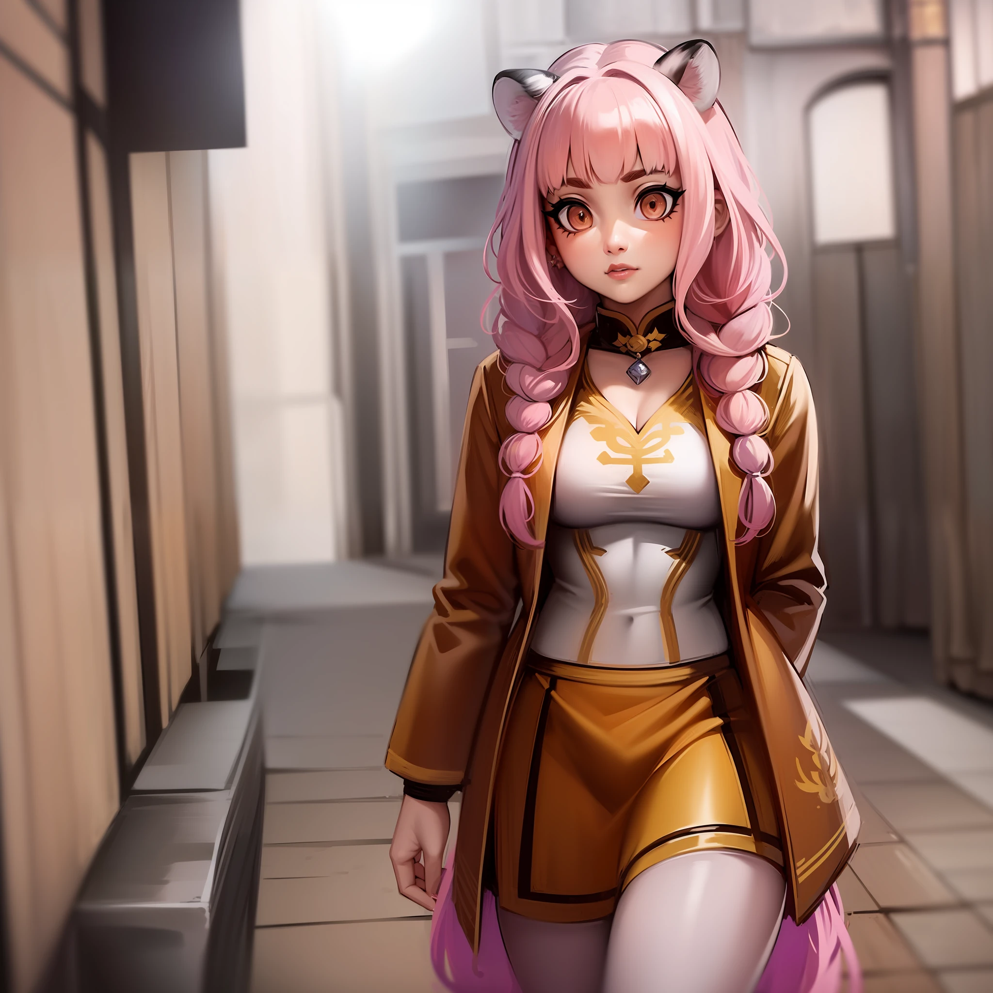 , tiger ears, tiger tails, martial art, medium chest, pink hair, skirt, jacket, godess,1girl,coat,walking, solo focus.1character, holy catholic mountain,
