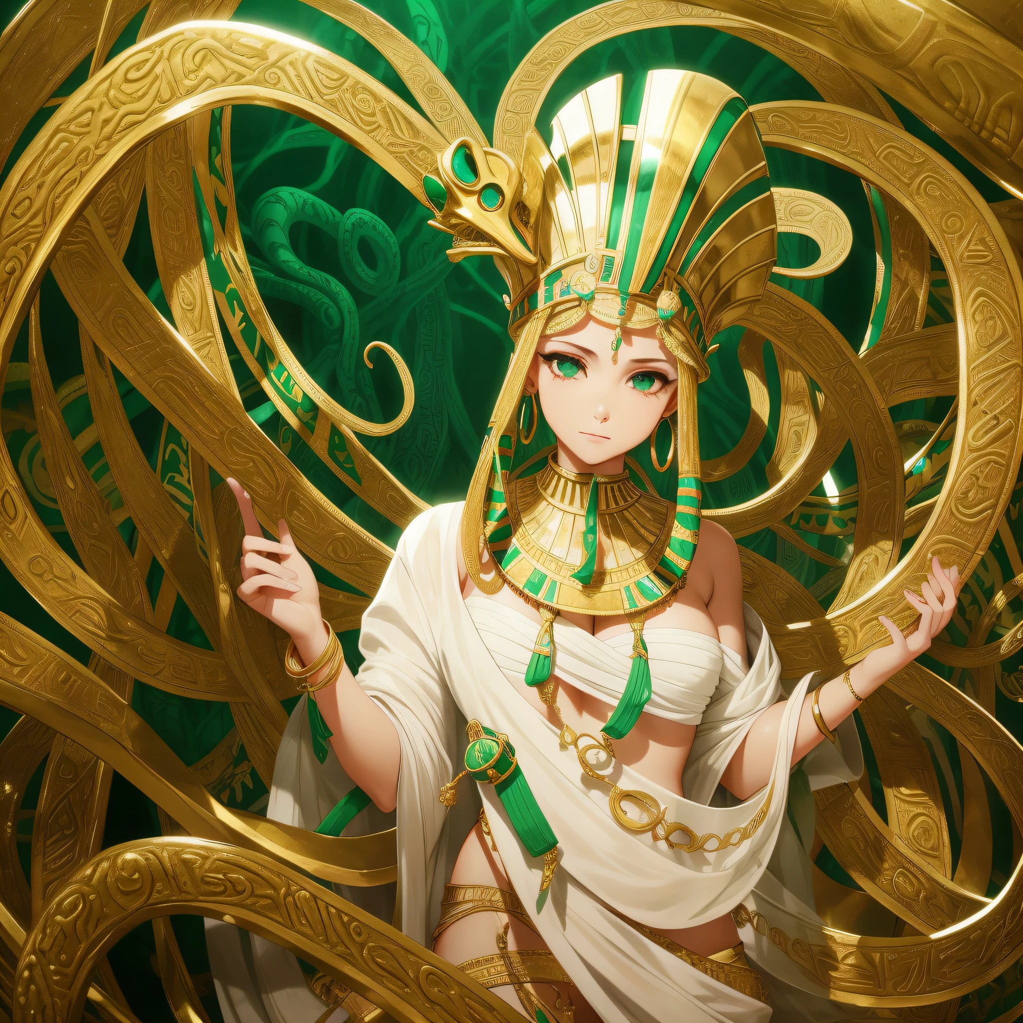 cephalopod, (cephalopod), Cleopatra, white tentacles with green and red ribbons tied to them, Egyptian jewelry, gold snake pharaoh tiara, white Egyptian clothing, slithering cobras all around her, masterpiece, Best Quality