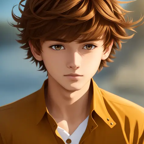 (masterpiece) 8k resolution, brown short hair, 16-year-old beautiful boy, hair fluttering in the wind, hazelnut eyes, beautiful ...