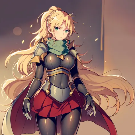 skirt vest, pantyhose, ponytail, long hair, blond hair, knight, medium breast,alicetaria february, green eyes,, walking, lance h...