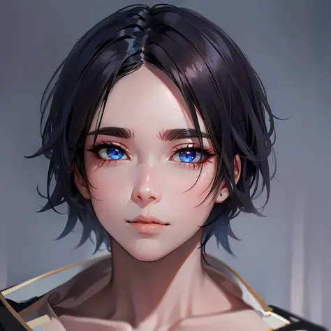 Realistic anime, male pessonage, black hair, blue eyes, seductive eyes, beautiful face, short hair reaching up to the eyebrows. Maximum quality. --auto --s2