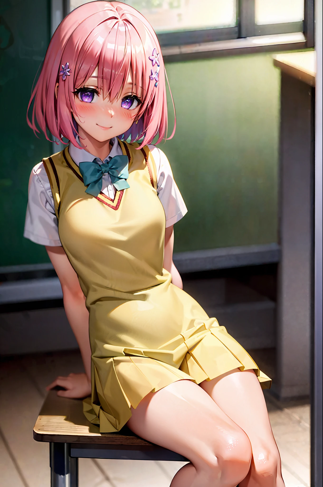 (best quality:1.1), (masterpiece:1.4), (absurdres:1.0), portrait, close up,
1girl, rem , hair ornament, bob cut, short hair pink hair, purple eyes, medium breasts, yellow , looking at viewer, classroom, (blush:1.2), smile,