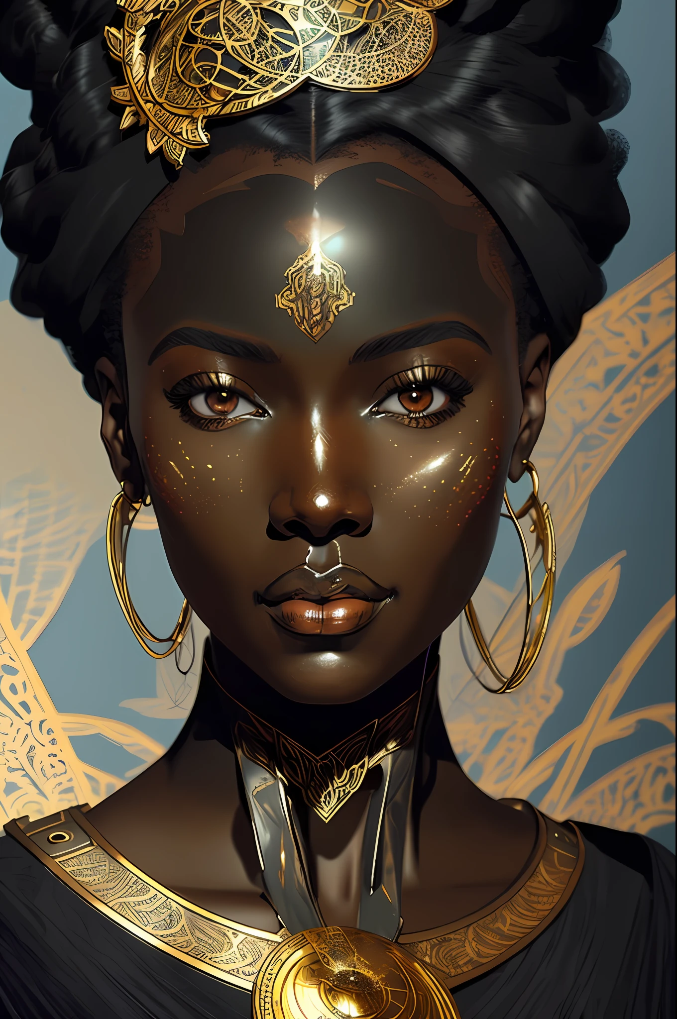 아르누보 스타일의 흑인 아프리카 여성의 디지털 그림, 스팀펑크, 일본 만화 영화, 예쁜 얼굴, 대판, 현실적인 비율, 매우 상세한, 매끄러운, 날카로운 초점, 8K, 광선 추적, 디지털 페인팅, 컨셉 아트 일러스트레이션, 작성자: artgerm, 아트스테이션의 트렌드, 소니 A1