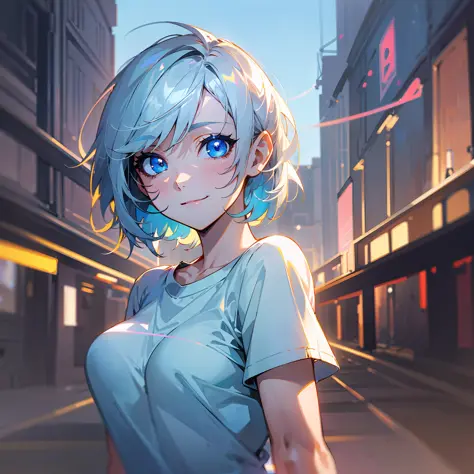 white skin, ultra beautiful face, breasts, t-shirt, beautiful lights and shadows, night, ambient light, pessonage, anime, girl with short hair, silver white, blue eyes, beautiful eyes, smiling, charismatic, giving cool with hands, Maximum quality. --auto -...