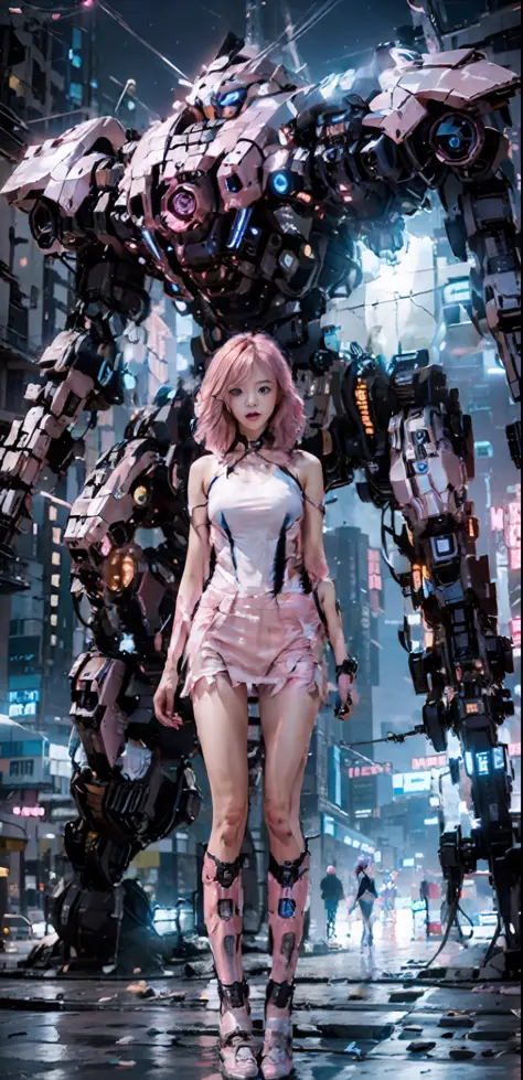 ((masterpiece, excellent)), (1girl), light pink hair, slim, standing in front of a huge mech, pink mech, (nightclub: 1.2), (skir...