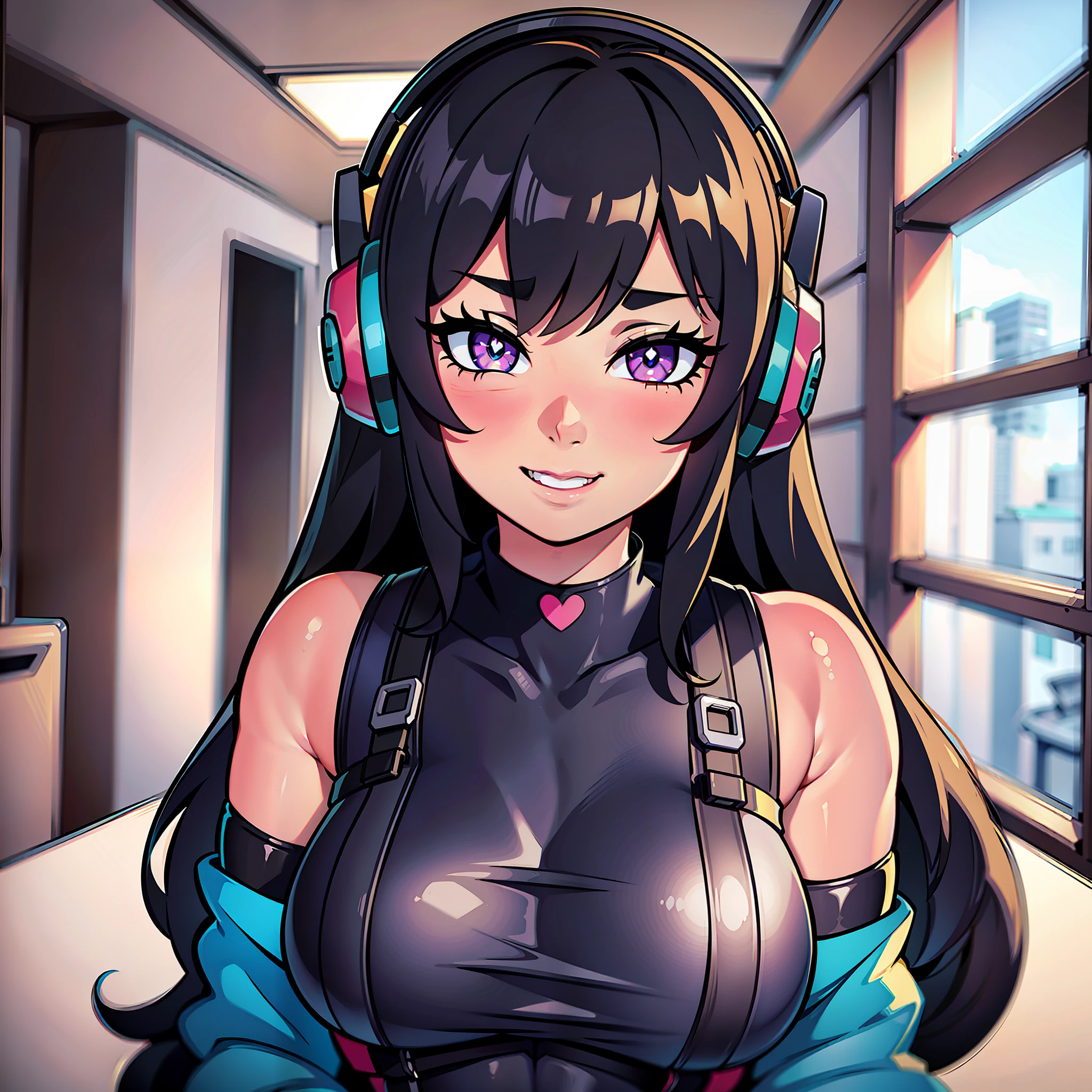 tanned, gamer girl, sitting in a desk, gorgeous, e-girl, military straps, black straps, bodysuit, long hair, parted bangs, heart-shaped pupils, makeup, excited, headphones, Ghibli-like colours, film grain, image fill, halftone, depth of field, perspective, UHD, masterpiece, textured skin, 16k, best quality