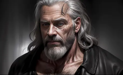 Photo of the world's most beautiful artwork featuring a man with 45-year-old wounds, beard and long gray hair in a dark place(vibrant, realistic photo, realistic, dramatic, dark, sharp focus, 8K), (global lighting, gloomy environment, volumetric half light...