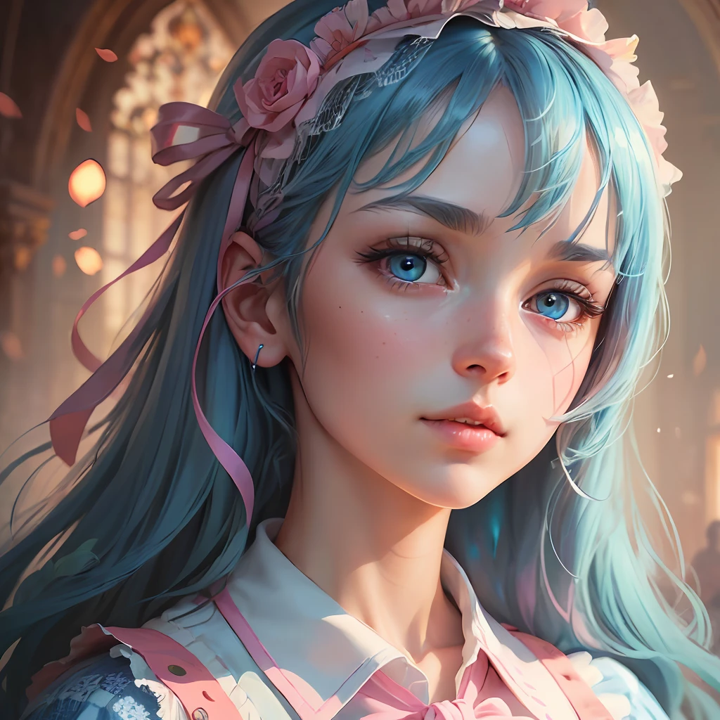 (detailed beautiful eyes and detailed face, side light of masterpiece, masterpiece, best quality, detailed illustration of high resolution), (1 girl, beautiful girl, bright skin), (sky blue hair, pink eyes, skirt, ribbon, button-shirt) (one hand holding the other) --auto --s2