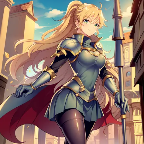 skirt vest, pantyhose, ponytail, long hair, blond hair, knight, medium breast,alicetaria february, green eyes,, walking, staff h...