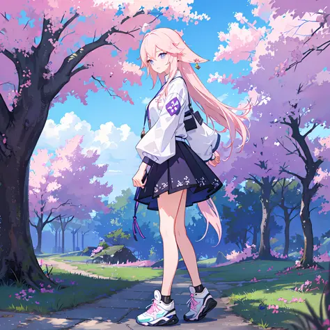 masterpiece, best quality, 1girl, solo, long hair, skirt, outdoors, cloud, pink hair, blue eyes, shirt, long sleeves, shoes, sky...