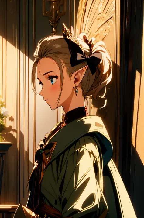 (masterpiece, best quality), intricate details, 1girl, elf, pointy ears, ponytail, sidelocks, hair bow, bow, armor