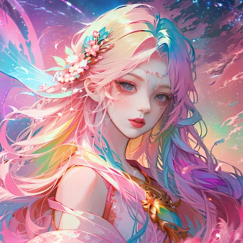 (Anime Girl + Long Hair + Portrait), (Color Hair + Rainbow: 1.5 + Cosmic Hair: 1.2), (Beauty + Fantasy + Anime Style), (8K Wallpaper: 1.2 + 4K Wallpaper: 1.1), (Anime Illustration + Art Style + Art Artwork)