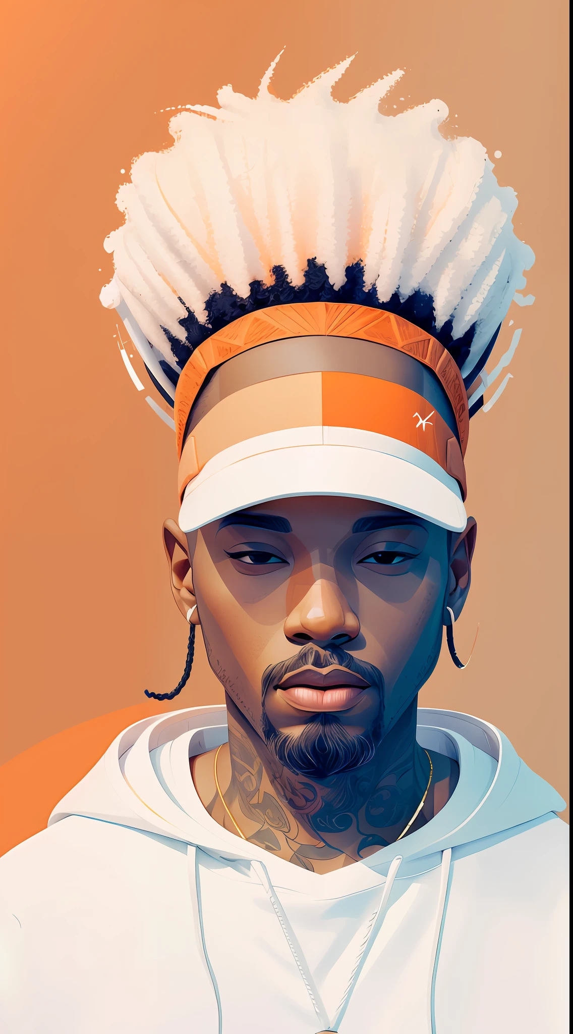clean,minimalist,vector art,close of 1rapper with tattoos,gold teeth,gradient pastel dreads hair,white techwear clothes,tatical clothes(orange,white),strong stroke around image,papercute background with simple abstract designs