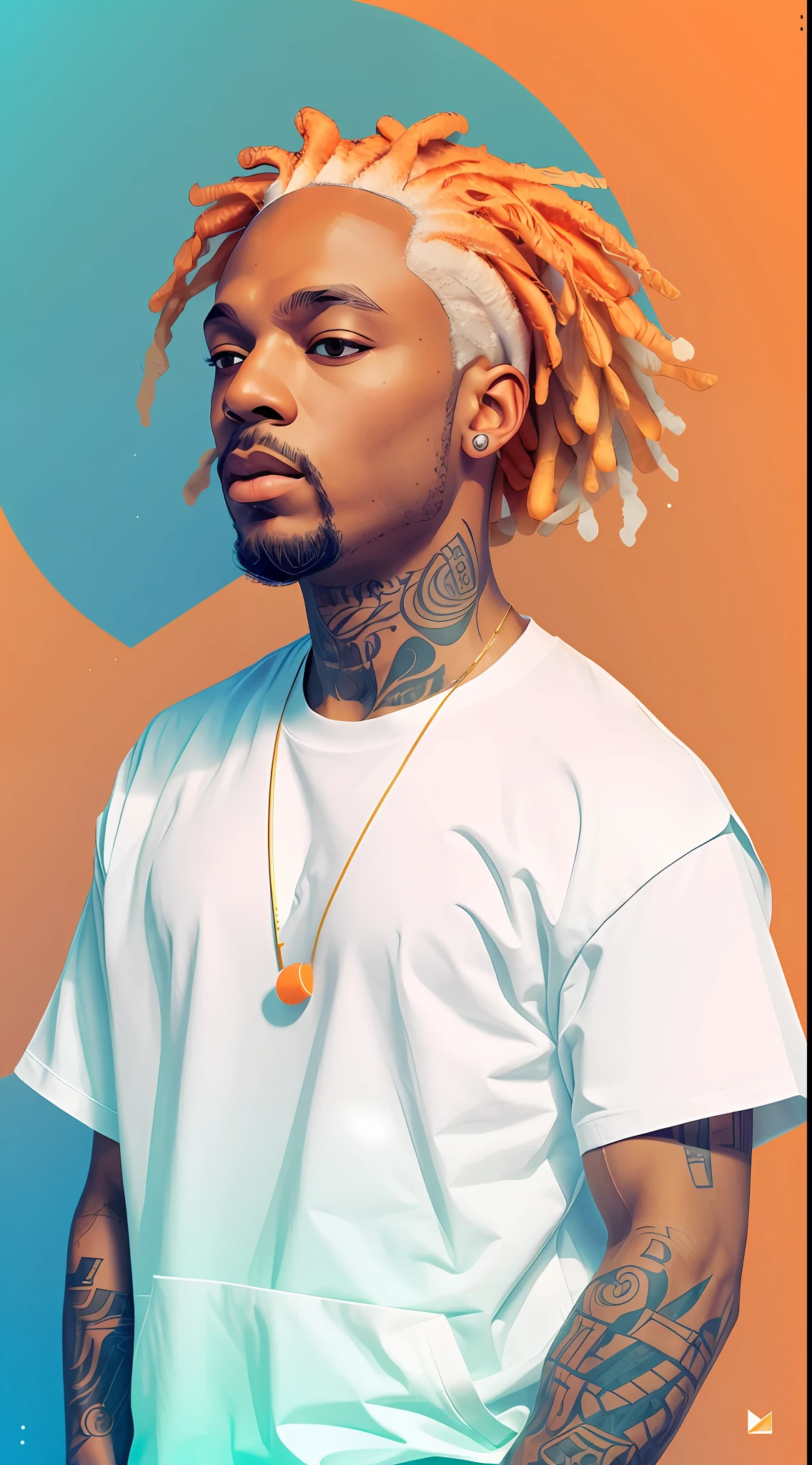 clean,minimalist,vector art,close of 1rapper with tattoos,gold teeth,gradient pastel dreads hair,white techwear clothes,tatical clothes(orange,white),strong stroke around image,papercute background with simple abstract designs