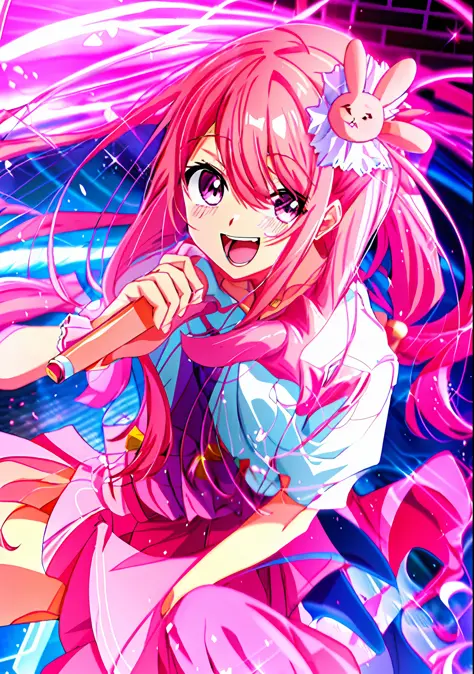 Pink Hair, Pink Eyes, Pink Uniform, Fluffy Skirt, Long Hair Anime Girl, Marin Kitagawa Fan Art, Anime Moe Art Style, Cute Girl A...