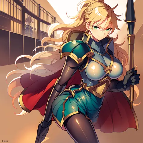 kirt vest, pantyhose, ponytail, long hair, blond hair, knight, medium breast,alicetaria february, green eyes,, walking, staff ho...