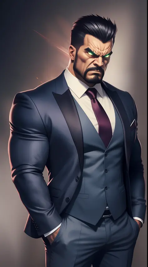 a super strong game boss extremely muscular, angry expression sinister very bad, (((wearing a stylish suit))).