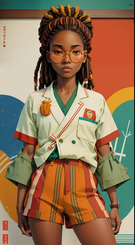 yoshitomo nara:1.5, wes anderson:1.3, new casualism, retro, minimalism (1 african girl with dreads hair and vintage clothes) sex...