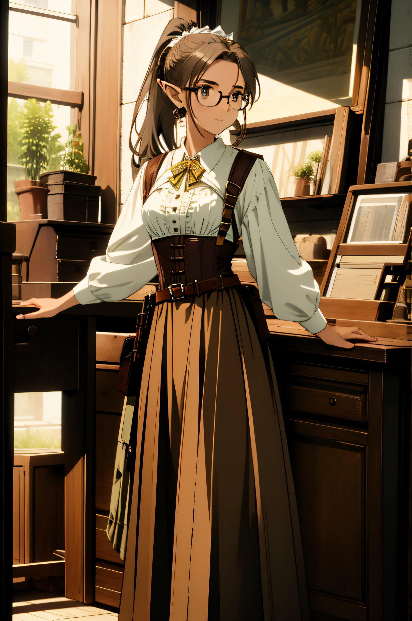 (masterpiece, best quality), intricate details, 1girl, elf, pointy ears, ponytail, hair bow, hair up, white linen shirt, brown corset, brown skirt, pouch on waist, round glasses, workshop, harness