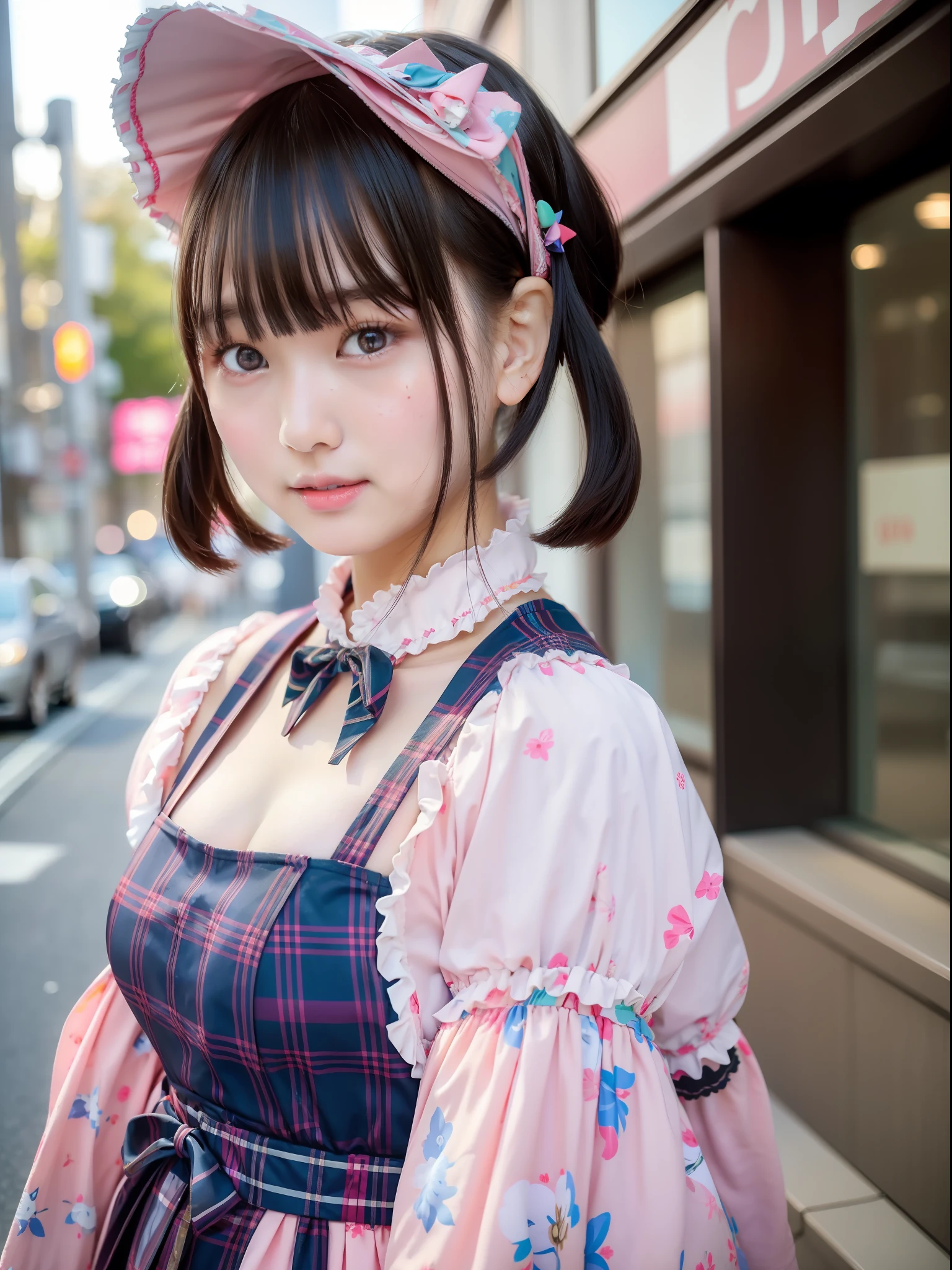 1 Mädchen, Allein, (kurzes Haar), Japanisches Idol, Perfekte Figur, Schöne Augen Doppelte Augenlider, Lolita-Mode, Bunte pastellfarbene Kleidung, aussehen wie ein erwachsener Ausdruck, Innenstadt wie Harajuku, Breites Lächeln, Oberkörper, einen Wind wehen, Schlanker Körper