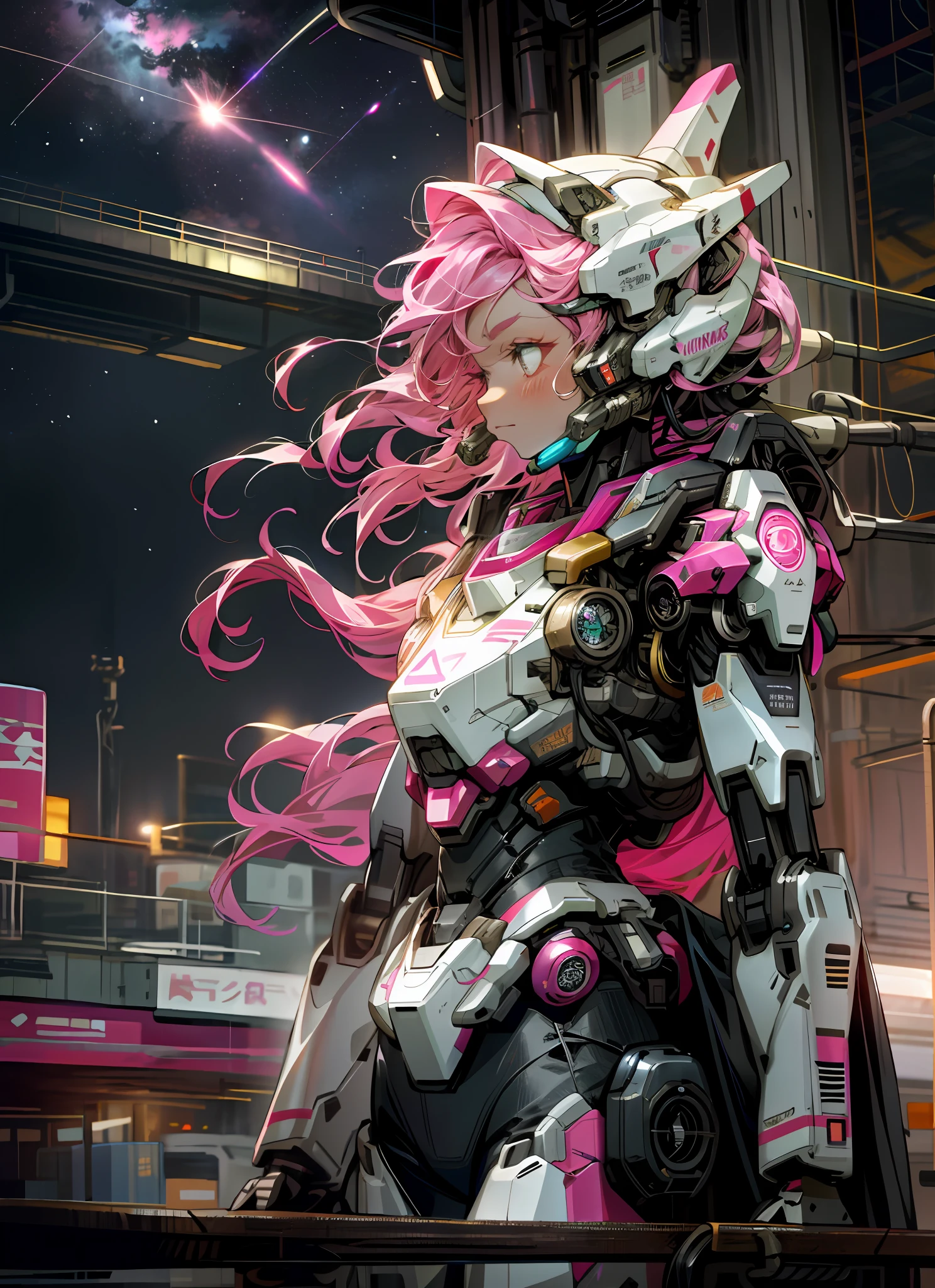 Cosmos, Meteor, Space Station, Glow, Robot, Mecha Girl, Pink Hair, Architecture, glowing_eyes, Mecha, Science Fiction, City, Reality, Mecha