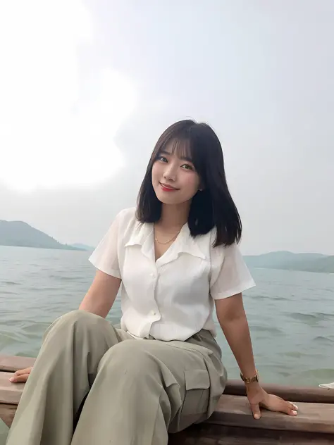there is a woman sitting on a wooden bench by the water, nivanh chanthara, xintong chen, on a boat, queen of the sea mu yanling,...