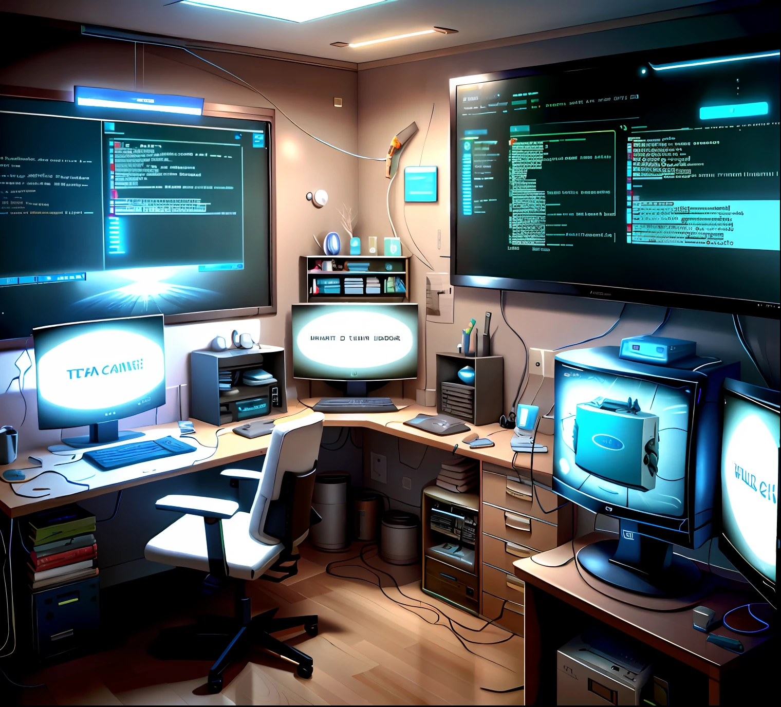 TeslaPunk AI computer, desktop inside the room, with game chair, with two monitor screens, lines of programming codes on the screen