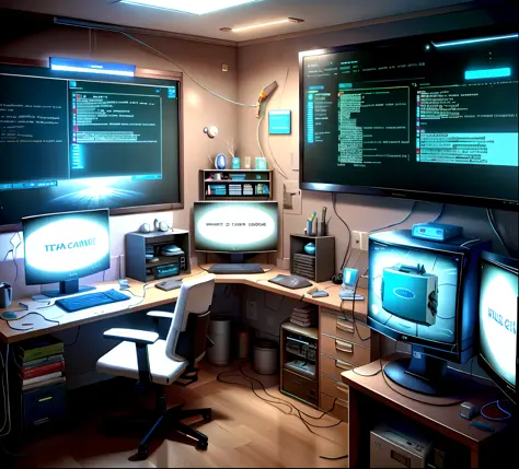 teslapunk ai computer, desktop inside the room, with game chair, with two monitor screens, lines of programming codes on the scr...