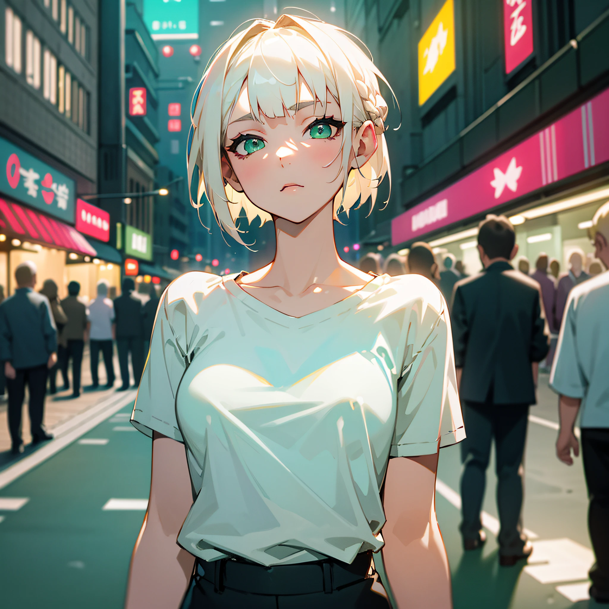 Anime girl with blonde hair and green eyes standing in a crowded street -  SeaArt AI