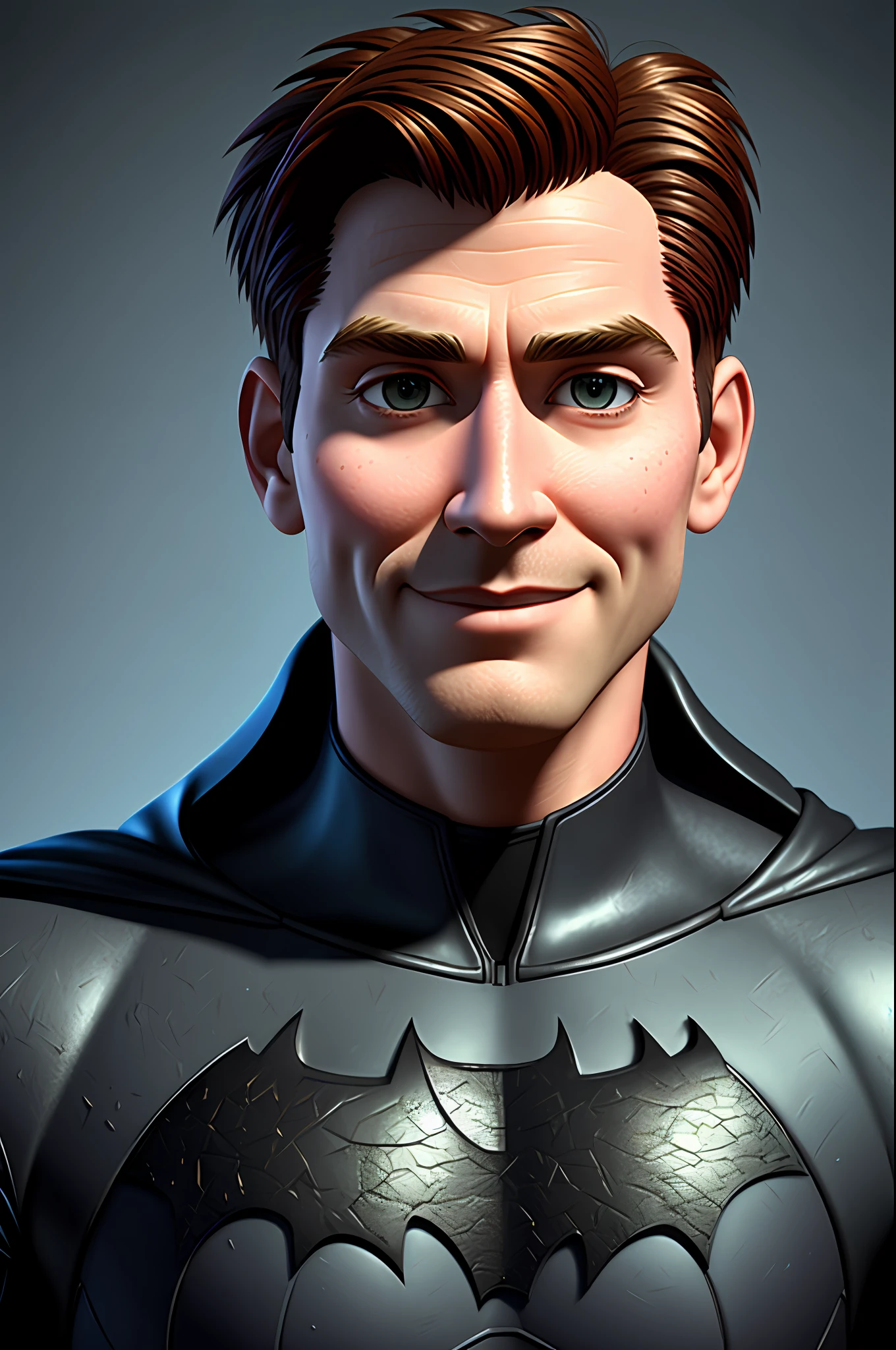 (style pixar: 1.25) Un portrait de Batman à hauteur de taille, sourire, texture naturelle de la peau, textures 4k, hdr, complexe, très détaillé, netteté, Visuel cinématographique, hyper détaillé