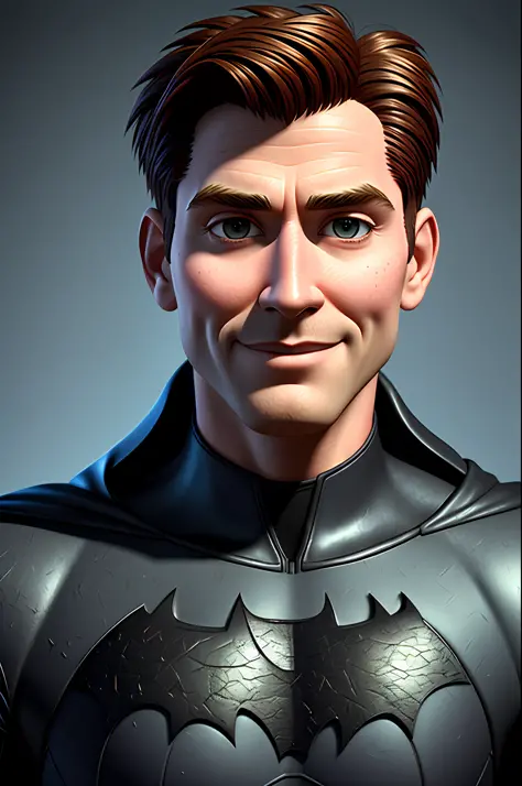 (Pixar style: 1.25) A waist-high portrait of Batman, smile, natural skin texture, 4K textures, HDR, intricate, highly detailed, ...
