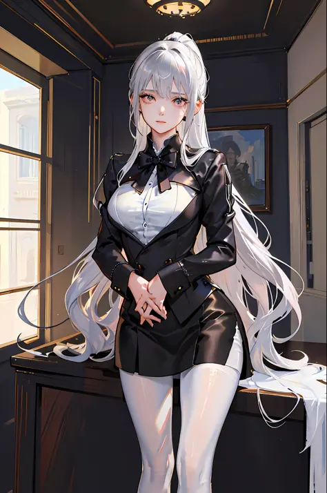 1 girl! Ray tracing, best shadows, highest resolution (dim lighting) detailed background (living room) fluffy silver hair, plump...