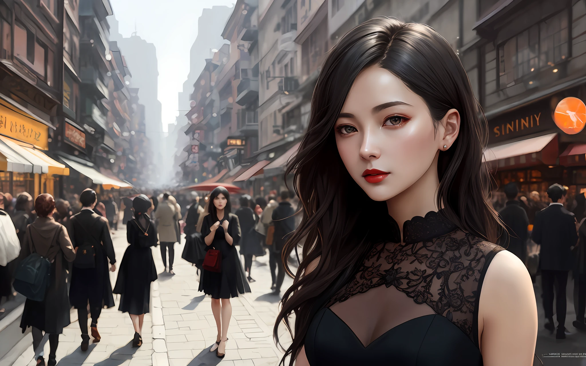 photo of a woman in a crowded street, modelshoot style, (extremely detailed CG unity 8k wallpaper), photo of the most beautiful artwork in the world, professional majestic oil painting by Ed Blinkey, Atey Ghailan, Studio Ghibli, by Jeremy Mann, Greg Manchess, Antonio Moro, trending on ArtStation, trending on CGSociety, Intricate, High Detail, detailed face, Sharp focus, dramatic, photorealistic painting art by midjourney and greg rutkowski, (sexy sheer dress:1.1), (looking at viewer), (detailed pupils:1.3), (modern outfit:1.2), (closeup), red lips, (eye shadow), 24mm shot