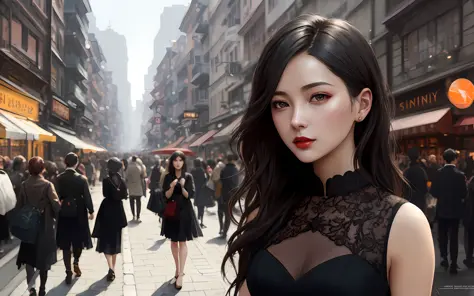 photo of a woman in a crowded street, modelshoot style, (extremely detailed CG unity 8k wallpaper), photo of the most beautiful ...