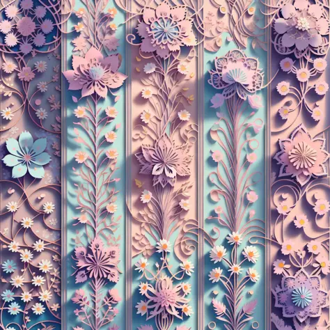 Flat style wallpaper, vector style floral vine pattern with pastel color tones including old pink, pastel blue, light blue, beige, soft purple, soft yellow and white without obvious shadows.