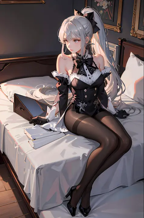 1 girl! Ray tracing, best shadows, high resolution (dim lighting) detailed background (bedroom) (fluffy silver hair, busty and s...