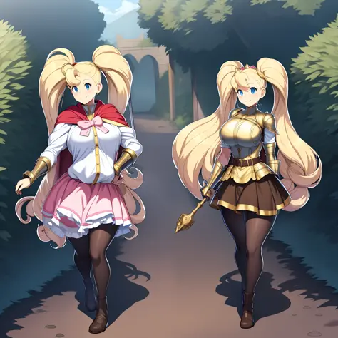 skirt vest, pantyhose, twintail, long hair, blond hair, knight, medium breast,honey lucmore,blue eyes,, walking, staff holding, cape,smile, 1character, 1girl, walking, magical girl,, solo focus, one character,
