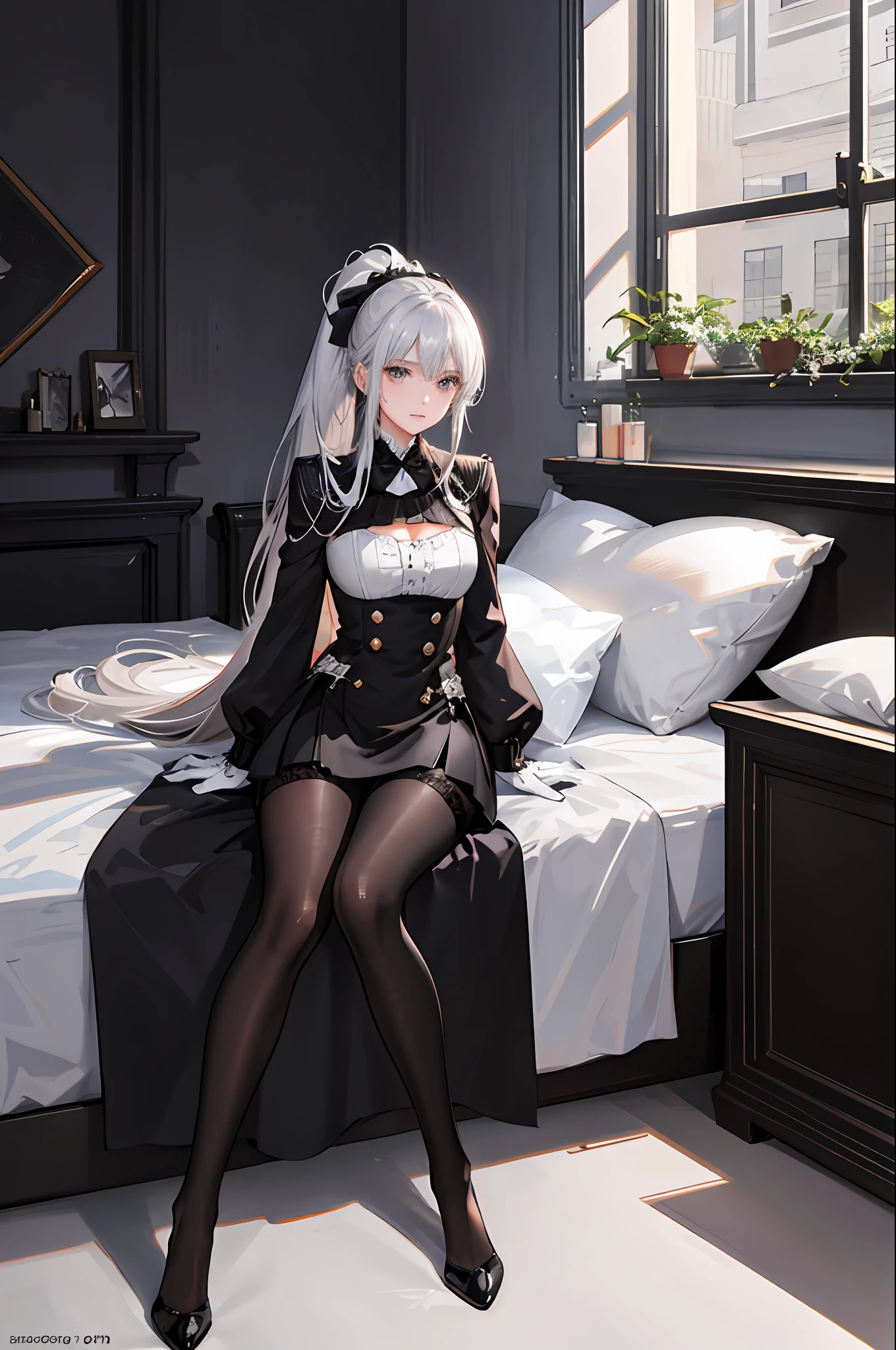 1 girl! , ray tracing, (dim lighting), [detailed background (bedroom), (silver hair), (silver hair) (fluffy silver hair, plump and slim girl) (with high ponytail) alone in the bedroom, blonde eyes (wearing intricately embroidered black high-waisted pants with pantyhose) and white ruffled bow gloves), showing a delicate slim figure and graceful curves, correct limbs! Sitting on the bed, the facial features are delicate! Pay attention to the details of the position of the legs! High quality