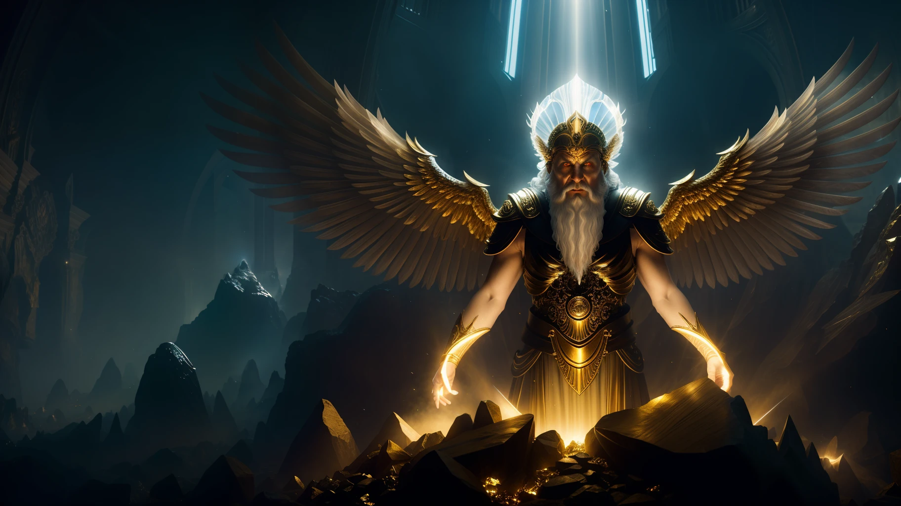 super high resolution, best quality, photo, 8k, (photorealistic: 1.2), cinematic lighting, An old man shaped like a fantz wlop, giant man with beard in bright white robes and floating on the crystal throne floating on crystal clouds, yellow eyes, bright yellow light emitted from the throne, precious stones floating in the sky, God, with beams of light enveloping his body,  with large translucent, feathered wings on the crystal throne, wings are open, golden light (halo:1.2) over your head, abdominal muscles dressed in medieval golden armor, beard, masculine, dark, masterpiece, best quality, intricate details, snow environment and crystals in the background, crystal cathedral, portal of the future, 3D light, HD, magic, god of light, backlighting,  detailed face, DREAD, depth of field, soft lighting, tone mapped, highly detailed, concept art, smooth, sharp focus, dramatic lighting, highly detailed art, cinematic, 8K, amazing shadows (highly detailed background: 1.2)