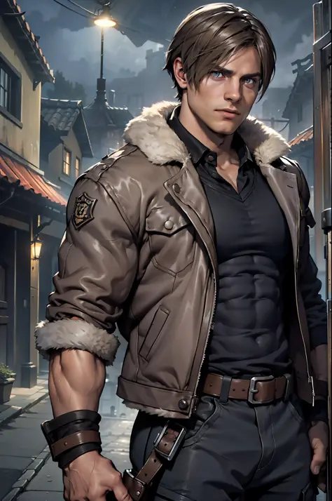 1 man, young man, 27 year old, leon s. kennedy from resident evil 4, face of eudard badaluta, solo, white skin, muscular, lean m...