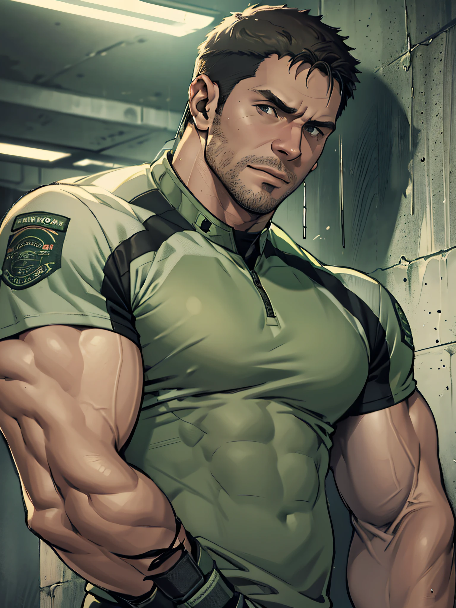 1 man, solo, 35 year old, Chris Redfield, wearing green T shirt, smirks, white color on the shoulder and a bsaa logo on the shoulder, millitary tactical suit, tall and hunk, biceps, abs, chest, best quality, masterpiece, high resolution:1.2, upper body shot, dark black gloomy hallway in the background, detailed face, shadow, volumetric lighting, center focus, low camera angle