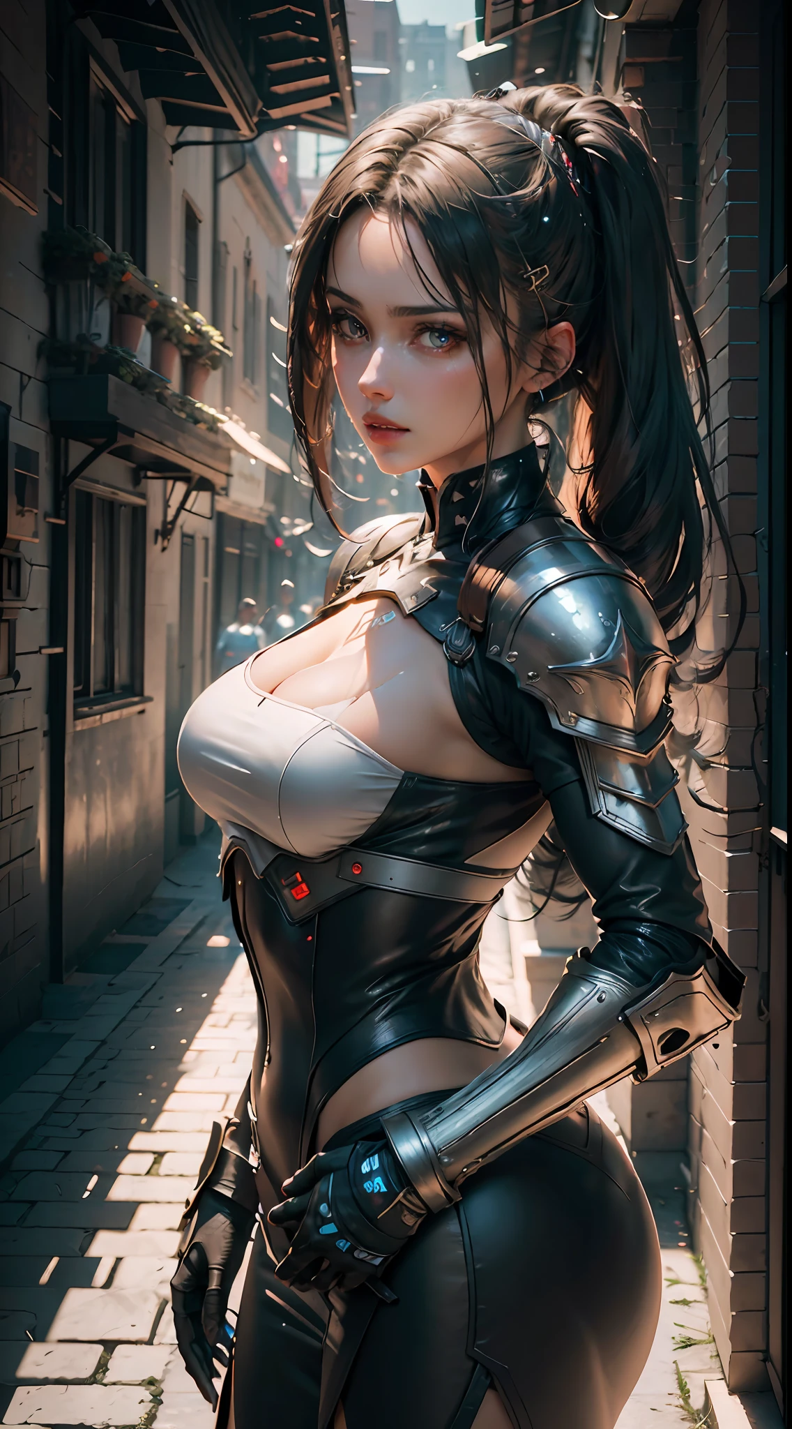 ((Best Quality)), ((Masterpiece)), (Detailed: 1.4), 3D, An Image of a Beautiful Cyberpunk Woman,HDR (High Dynamic Range),Ray Tracing,NVIDIA RTX,Super-Resolution,Unreal 5,Subsurface Scattering, PBR Texture, Post-processing, Anisotropic Filtering, Depth of Field, Maximum Clarity and Sharpness, Multilayer Textures, Albedo and Specular Maps, Surface Shading, Accurate Simulation of Light-Material Interaction, Perfect Proportions, Octane Render,  Two-Tone Lighting,Wide Aperture,Low ISO,White Balance,Rule of Thirds,8K RAW, Medieval Armor