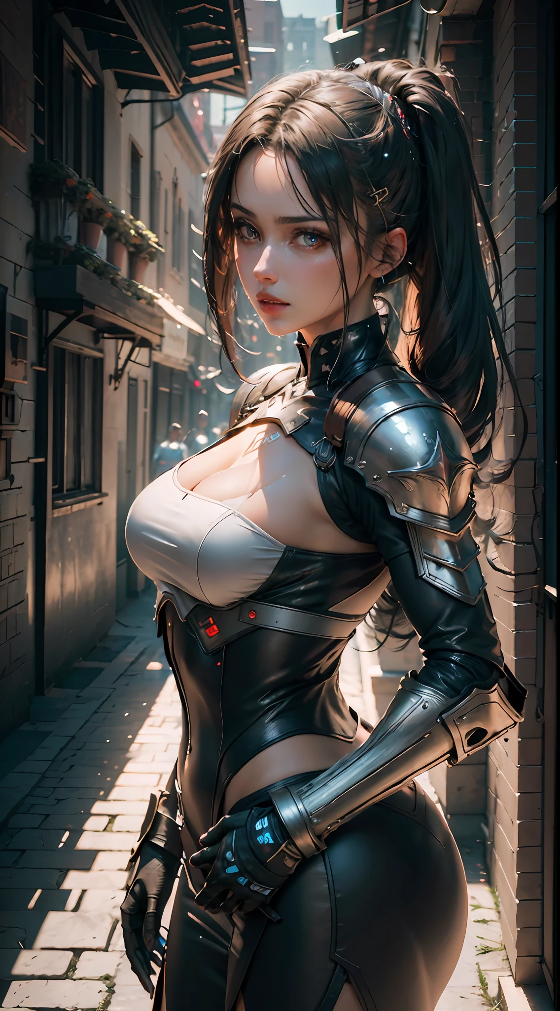 ((melhor qualidade)), ((Obra de arte)), (detalhado: 1.4), 3D, uma imagem de uma linda mulher cyberpunk,hdr (dinâmica de alto alcance),rastreamento de raios,NVIDIA RTX,Super-resolução,Irreal 5,dispersão subterrânea, Textura PBR, Pós-processamento, Filtragem anisotrópica, profundidade de campo, Máxima clareza e nitidez, Texturas multicamadas, Mapas Albedo e Especulares, Sombreamento de superfície, Simulação precisa da interação luz-material, Proporções perfeitas, renderização de octanagem,  Iluminação em dois tons,Grande abertura,ISO baixo,Balanço de branco,regra dos terços,8K CRU, armadura medieval