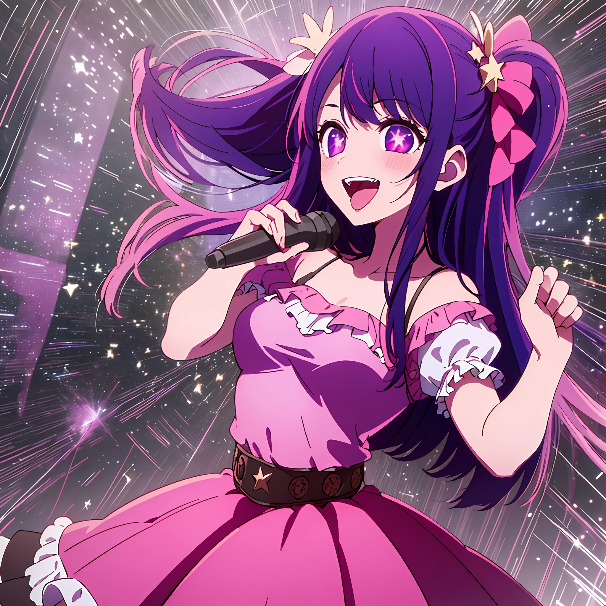 Masterpiece, highly detailed, (1 girl: 1.2), purple hair, pink dress, star eyes, big eyes, close-up, bust, starry sky, dancing, (tongue sticking: 1.2), smile, right finger to screen, left hand holding microphone, 8k